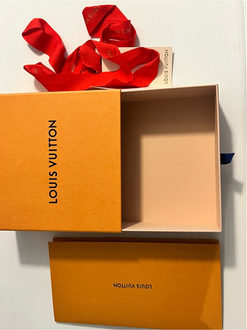 Louis Vuitton Orange Box with Red Ribbon and Cream Card